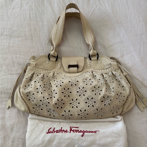 Salvatore Ferragamo Beige Floral Cutout Shoulder Bag - Picture 1 of 6